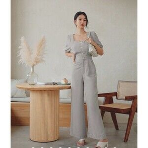 AIR SPACE LADY DAINTY SQUARE NECK BUTTONED JUMPSUIT GRAY Sz SMALL W POCKETS #108